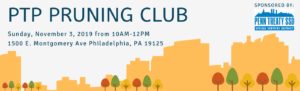 City Skyline cutout shapes with trees - Pruning Club announcement